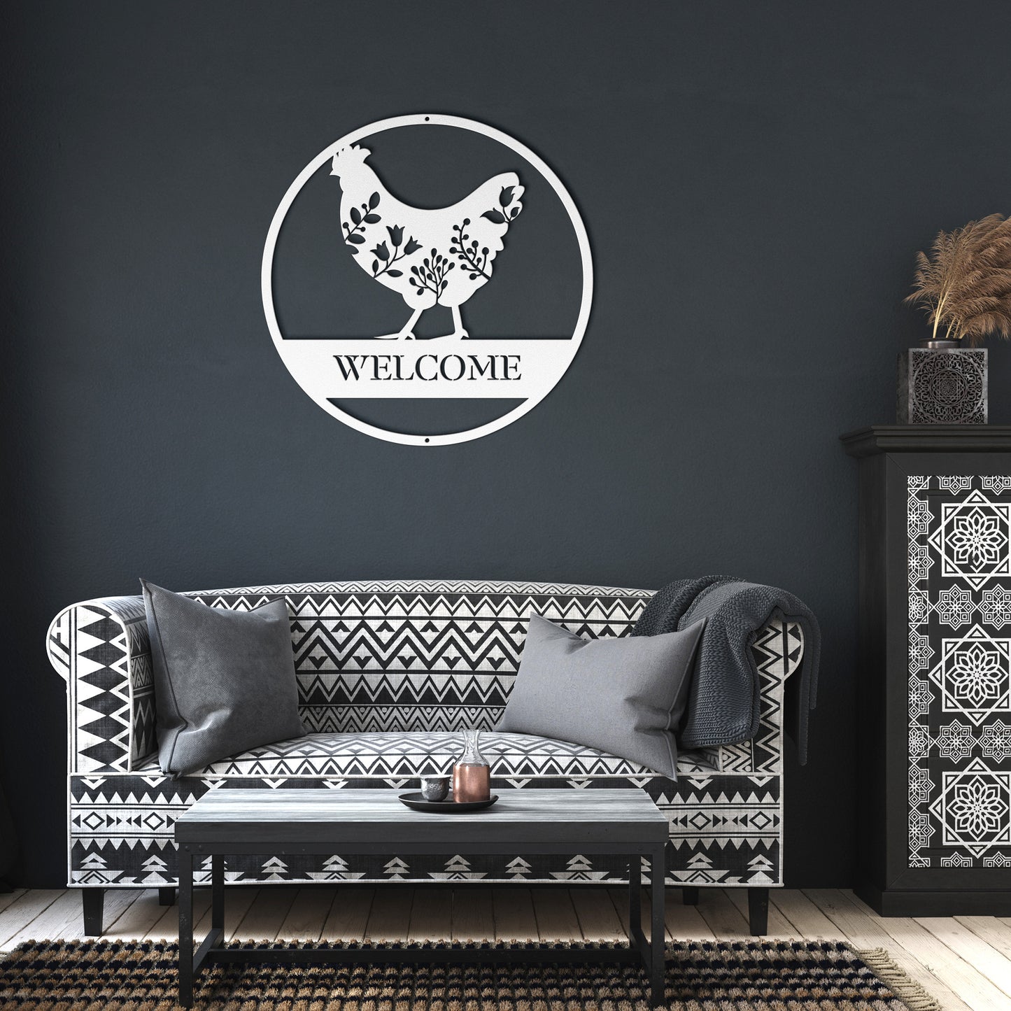 10050 - Welcome Floral Chicken Metal Sign