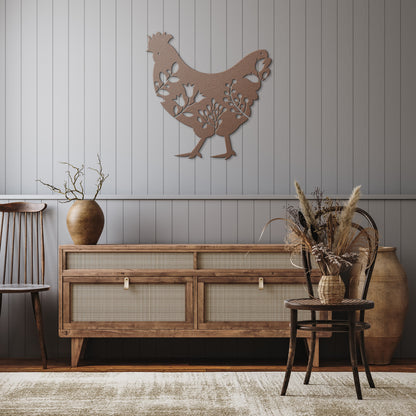 10096 - Floral Detailed Chicken Metal Sign