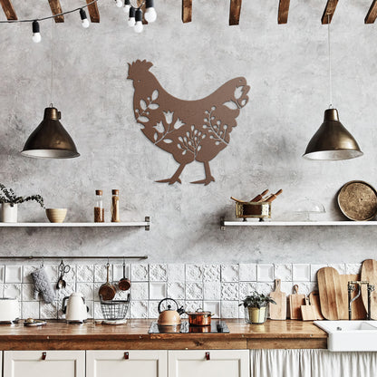 10096 - Floral Detailed Chicken Metal Sign