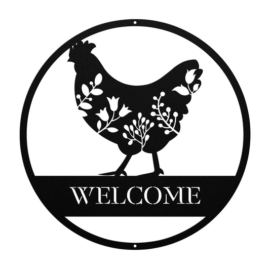 10050 - Welcome Floral Chicken Metal Sign